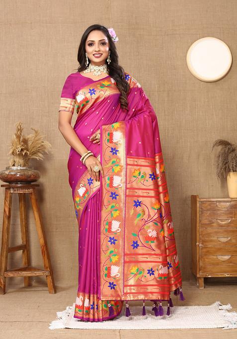 Pink Zari Woven Banarasi Paithani Silk Saree Set