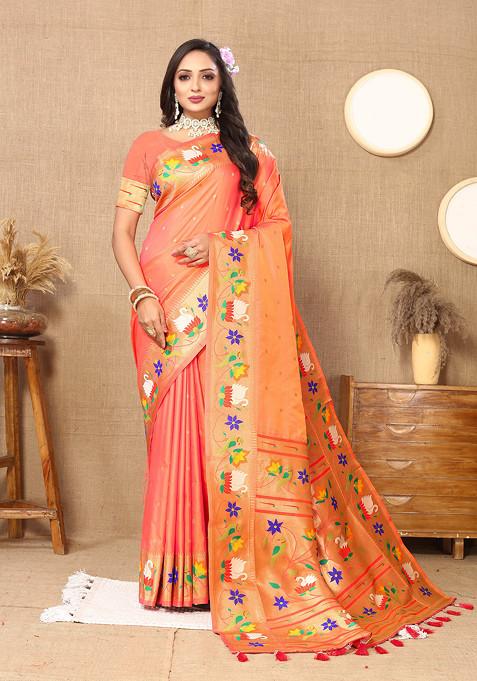 Orange Zari Woven Work Banarasi Paithani Silk Saree Set