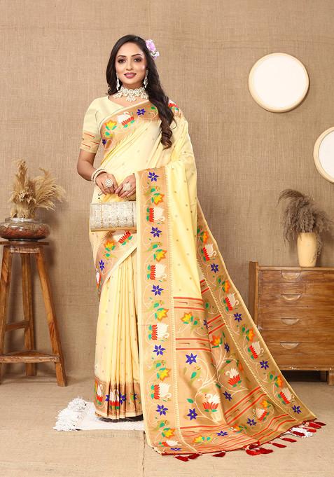 Cream Zari Woven Work Banarasi Paithani Silk Saree Set