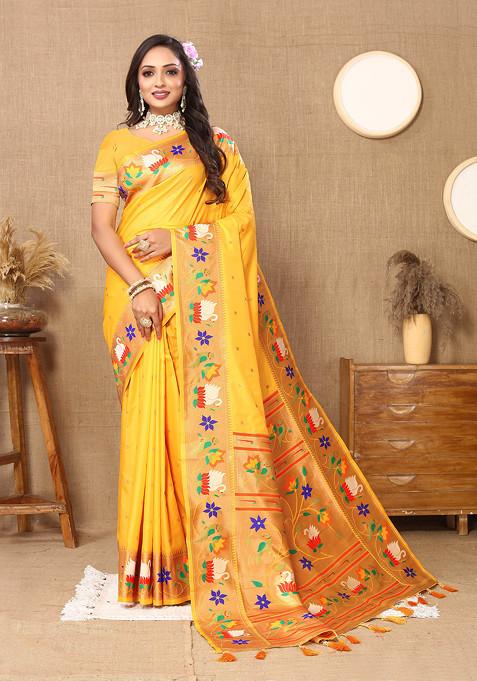 Yellow Zari Woven Banarasi Paithani Silk Saree Set