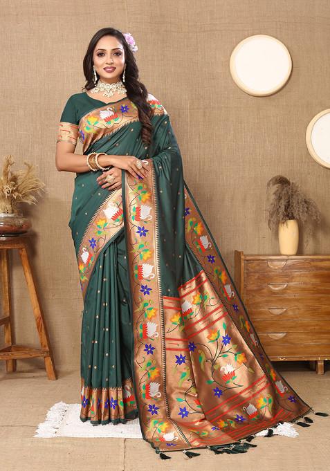 Green Zari Woven Banarasi Paithani Silk Saree Set