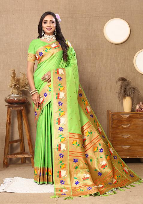 Parrot Green Zari Woven Work Banarasi Paithani Silk Saree Set