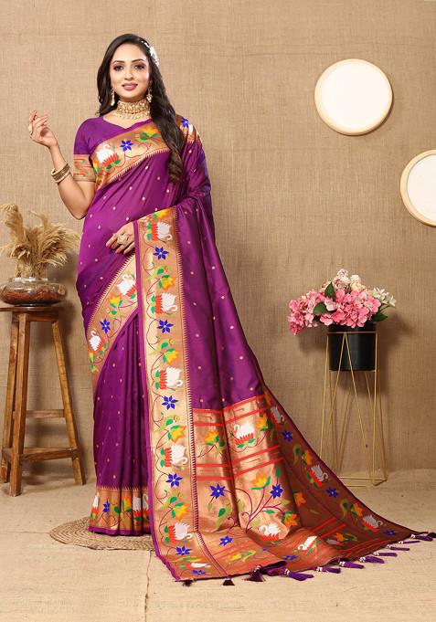 Violet Zari Woven Banarasi Paithani Silk Saree Set