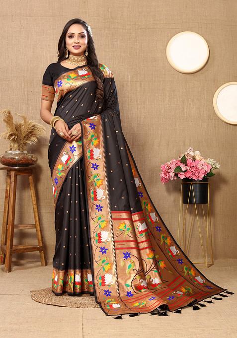 Black Woven Work Banarasi Paithani Silk Saree Set