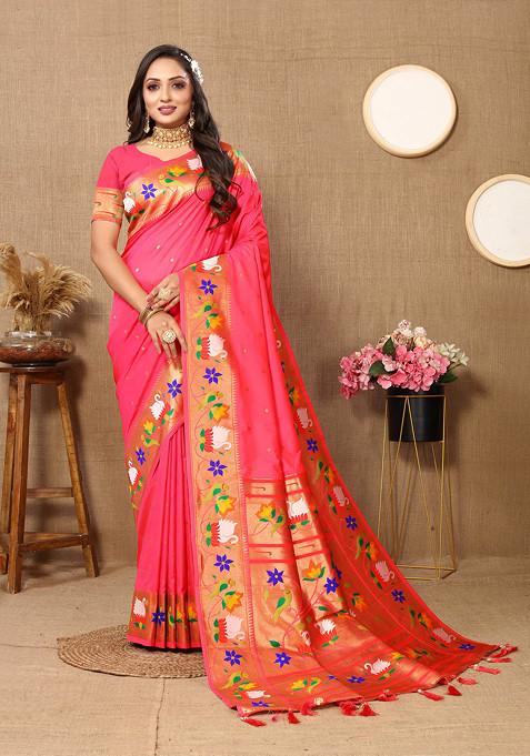 Dark Peach Zari Woven Banarasi Paithani Silk Saree Set