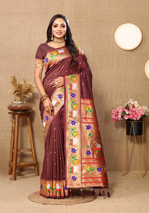 Coffee Zari Woven Banarasi Paithani Silk Saree Set