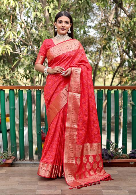 Red Zari Woven Work Banarasi Silk Blend Saree Set