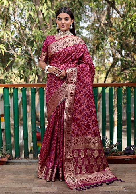 Rani Pink Zari Woven Work Banarasi Silk Blend Saree Set