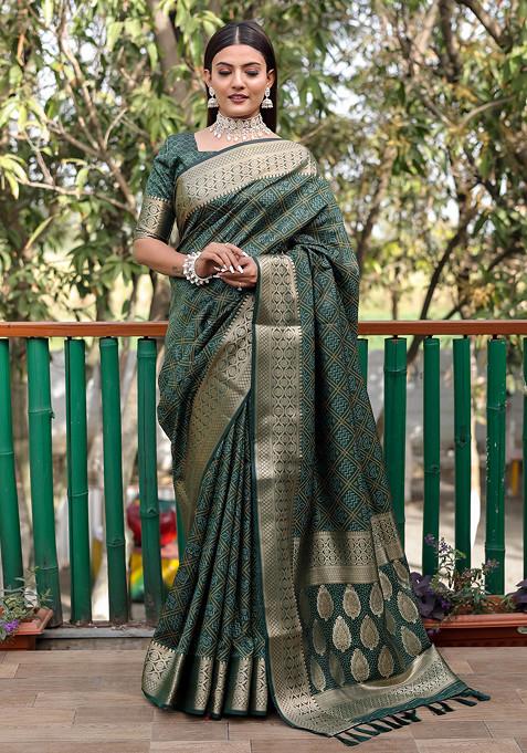 Green Zari Woven Banarasi Silk Blend Saree Set