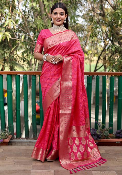 Pink Zari Woven Banarasi Silk Blend Saree Set