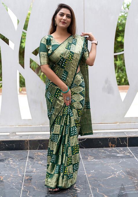 Green Zari Woven Banarasi Silk Blend Saree Set