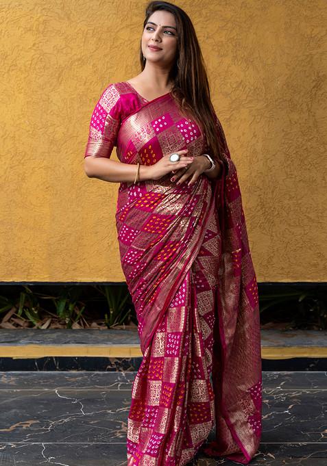 Pink Zari Woven Banarasi Silk Blend Saree Set