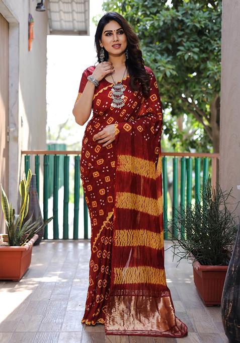 Red Zari Woven Banarasi Bandhej Silk Saree Set