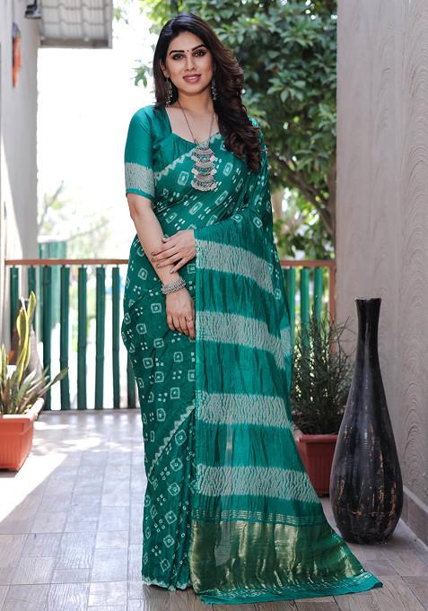 Teal Zari Woven Banarasi Bandhej Silk Saree Set