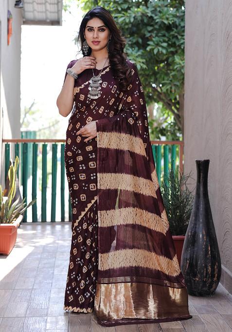 Dark Wine Zari Woven Banarasi Bandhej Silk Saree Set