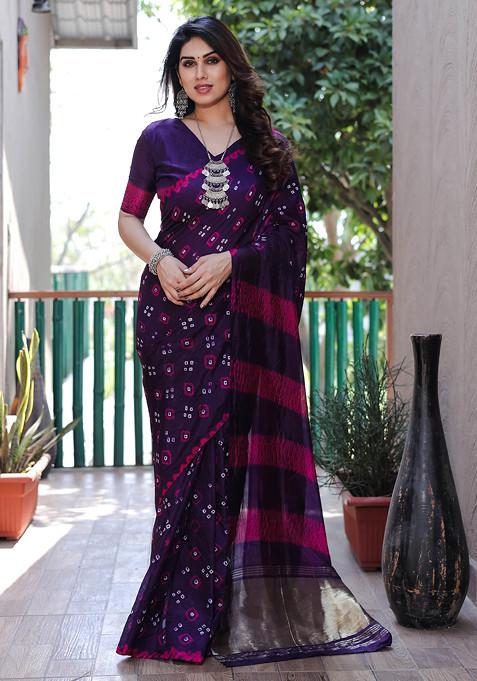 Dark Purple Zari Woven Banarasi Bandhej Silk Saree Set