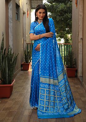 Blue Zari Woven Work Banarasi Bandhej Silk Saree Set