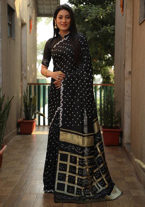 Black Zari Woven Banarasi Bandhej Silk Saree Set