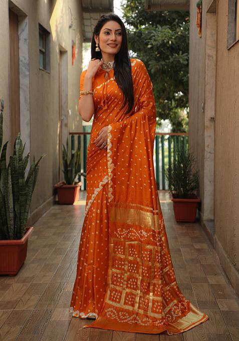 Orange Zari Woven Work Banarasi Bandhej Silk Saree Set