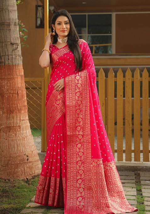 Pink Zari Woven Work Banarasi Bandhej Silk Saree Set