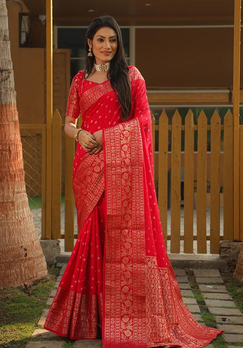 Scarlet Red Zari Woven Banarasi Bandhej Silk Saree Set