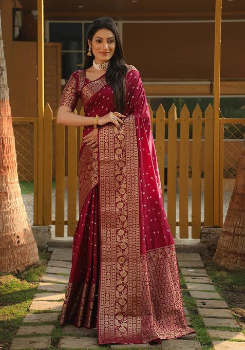 Maroon Woven Work Banarasi Bandhej Silk Saree Set