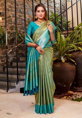 Light Green Zari Woven Banarasi Tissue Silk Blend Saree Set