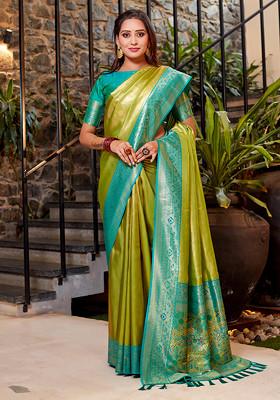 Green Zari Woven Banarasi Tissue Silk Blend Saree Set
