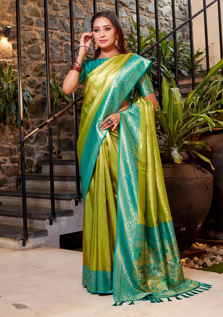 Green Zari Woven Banarasi Tissue Silk Blend Saree Set