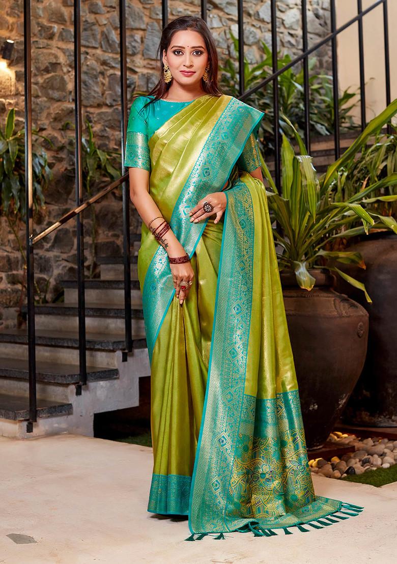 Green Zari Woven Banarasi Tissue Silk Blend Saree Set