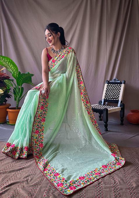 Light Green Zari Sequin Work Silk Blend Saree Set