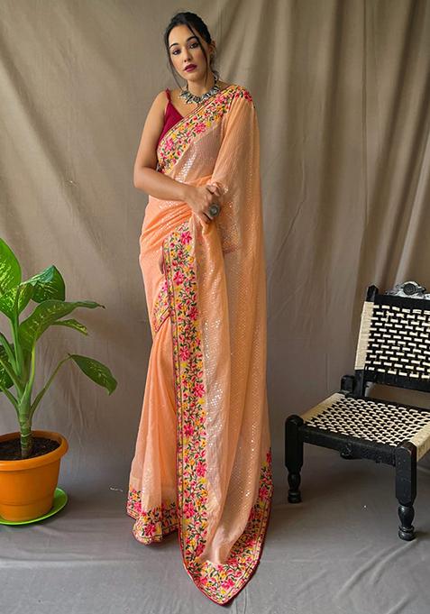 Peach Zari Sequin Work Silk Blend Saree Set