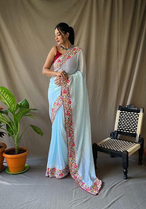 Sky Blue Zari Sequin Work Silk Blend Saree Set