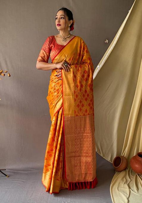 Orange Zari Woven Banarasi Patola Silk Saree Set