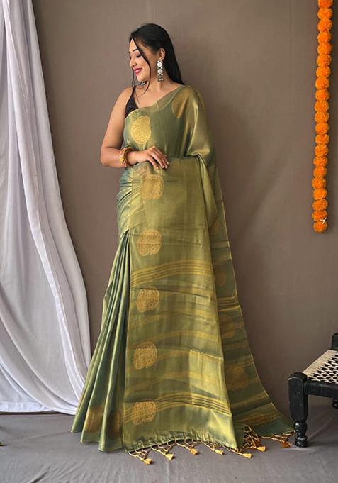 Green Printed Banarasi Saree Set