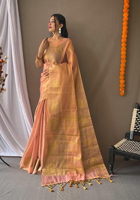 Peach Printed Banarasi Saree Set