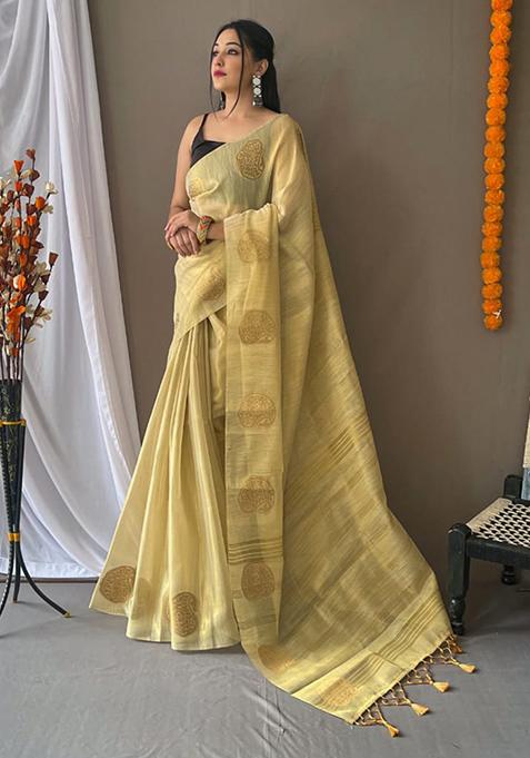 Mustard Yellow Printed Banarasi Saree Set