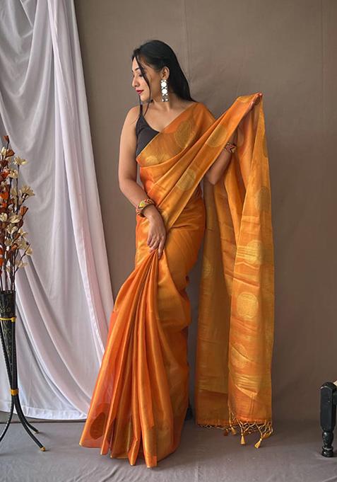 Orange Printed Banarasi Saree Set