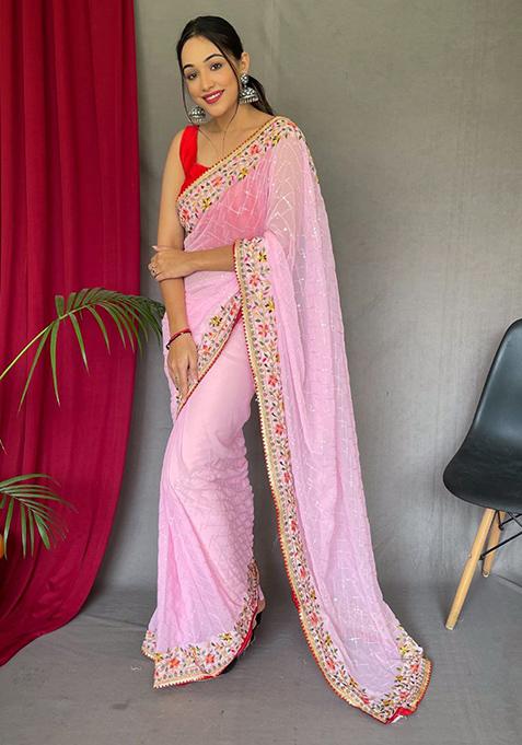 Baby Pink Zari Sequin Embroidered Silk Blend Saree Set