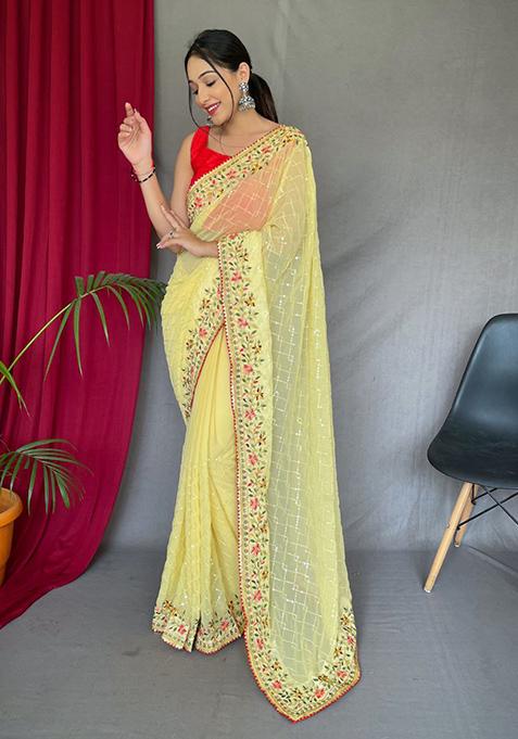 Yellow Zari Sequin Embroidered Silk Blend Saree Set