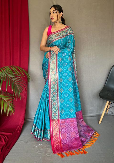 Teal Zari Woven Banarasi Silk Saree Set