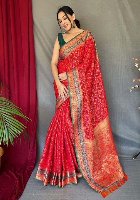 Red Zari Woven Banarasi Silk Saree Set