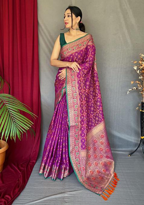 Purple Zari Woven Banarasi Silk Saree Set