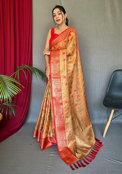 Orange Zari Woven Banarasi Silk Saree Set