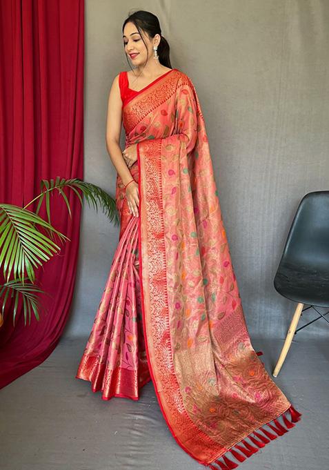 Red And Green Zari Woven Banarasi Silk Saree Set