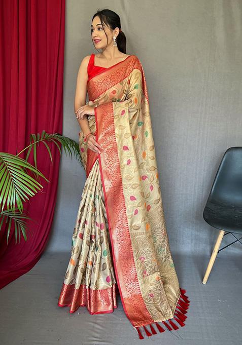 Off White Zari Woven Banarasi Silk Saree Set