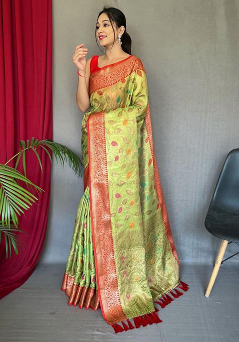 Parrot Green Zari Woven Banarasi Silk Saree Set