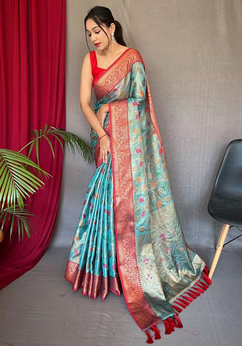 Aqua Blue Zari Woven Banarasi Silk Saree Set