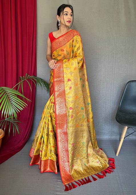 Yellow Zari Woven Work Banarasi Silk Saree Set