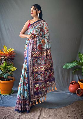 Aqua Blue Zari Woven Work Banarasi Cotton Silk Saree Set